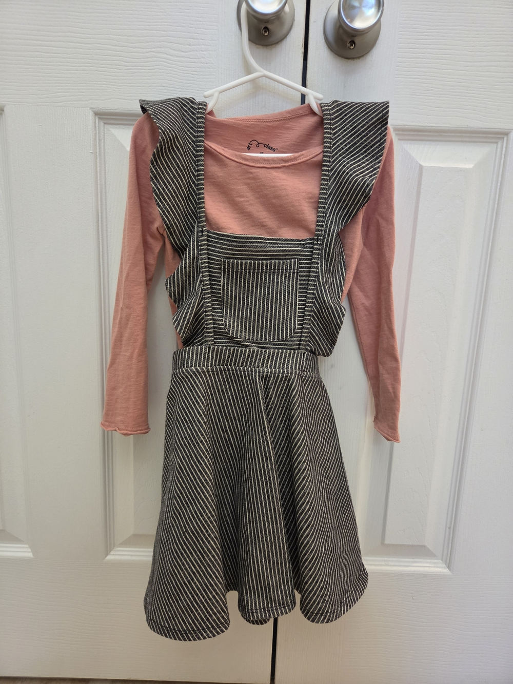 Girls' Pink Long Sleeve Top with Black & White Striped Pinafore Dress
